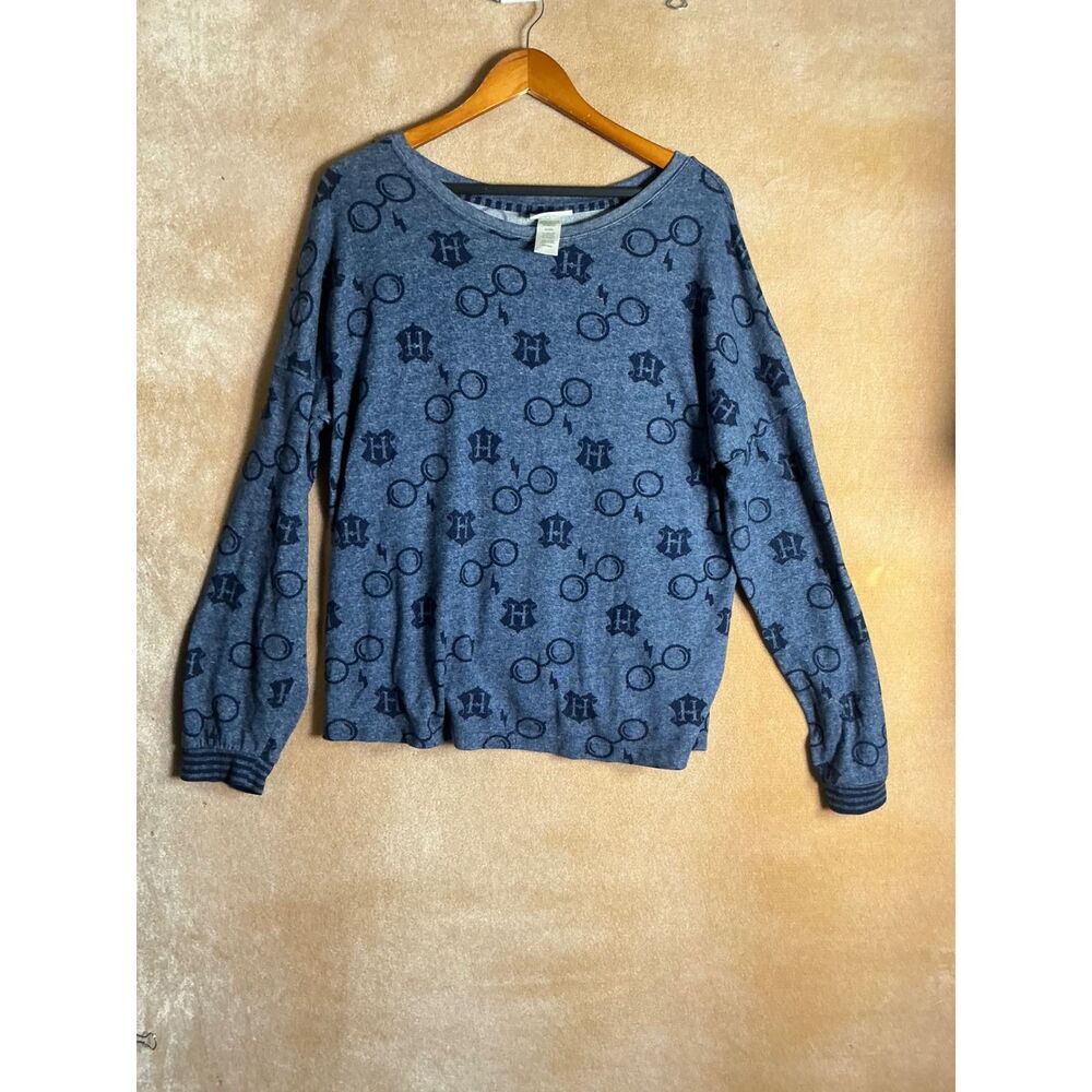 Harry‎ Potter Glasses & Lightning Bolt Print Long Sleeve Top Women's Large Blue